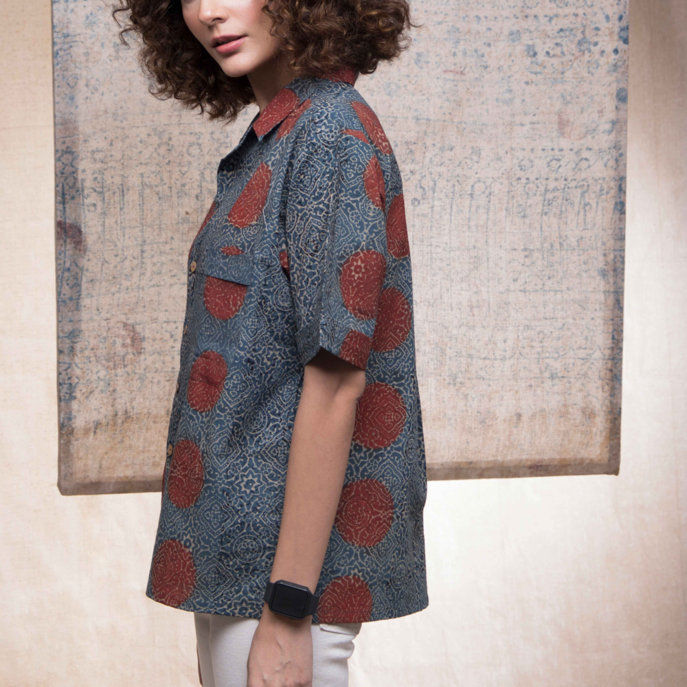 Hand Block Printed Ajrakh Sky Stopper Shirt 2