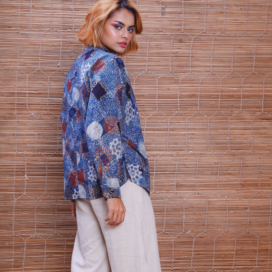 Cotton Handprinted Ajrakh Indigo Jaapani Kimono Shirt 2
