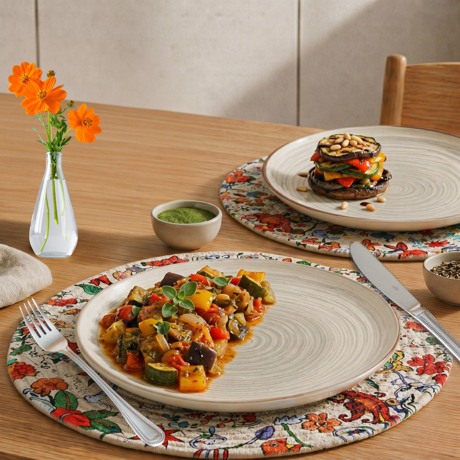 Mittory Rustic Dinner Plates (Set of 2) with Boho Quilted Placemats (Set of 4) – Artisan Ceramic Tableware & Decorative Dining Mats