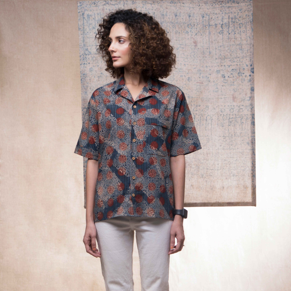 Cotton Handprinted Ajrakh Allover Camp Collar Shirt 2
