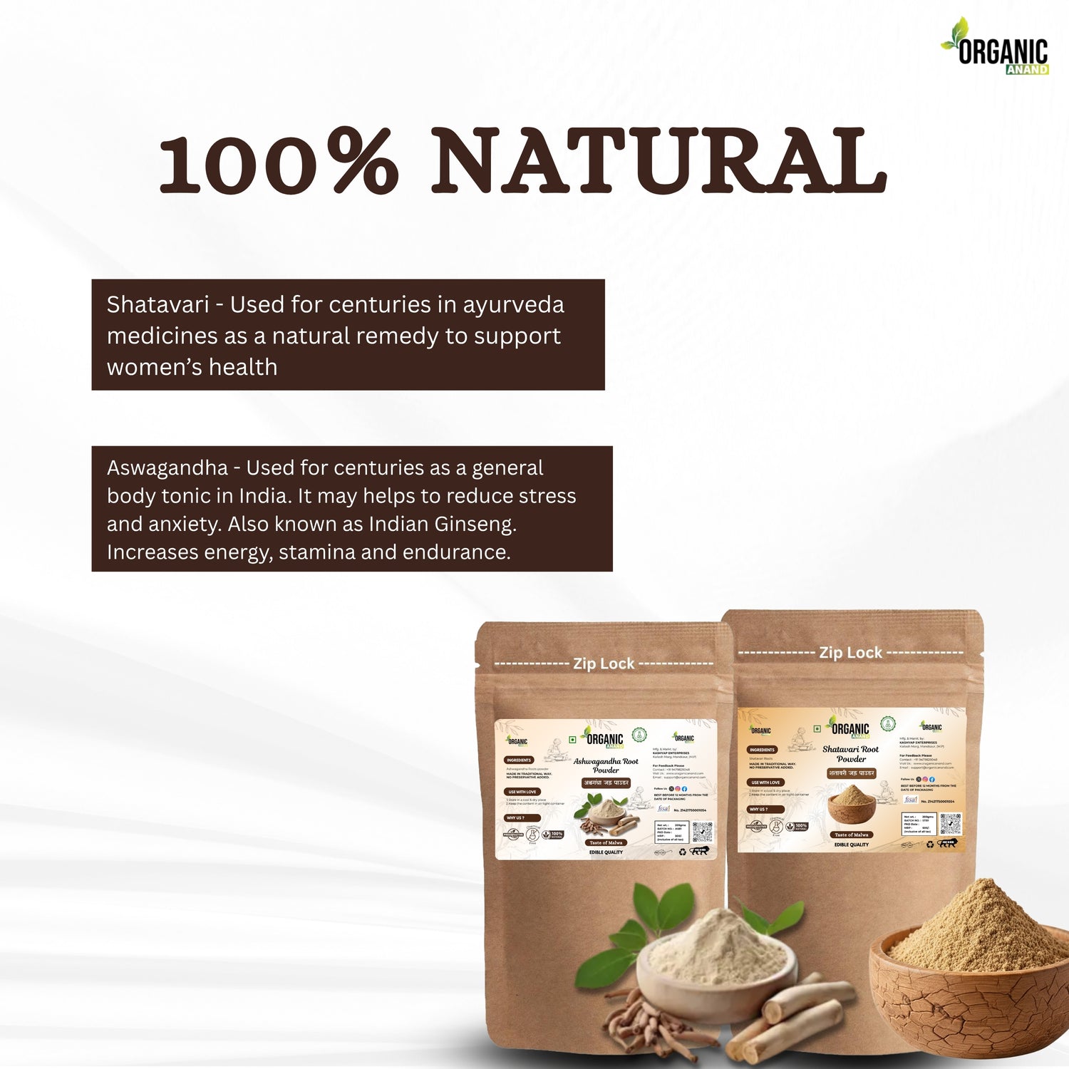 Organic Anand Ashwagandha & Shatavari Root Powder| Pure & Natural | Energy, Immunity & Hormonal Balance | Ayurvedic Herbal Supplement