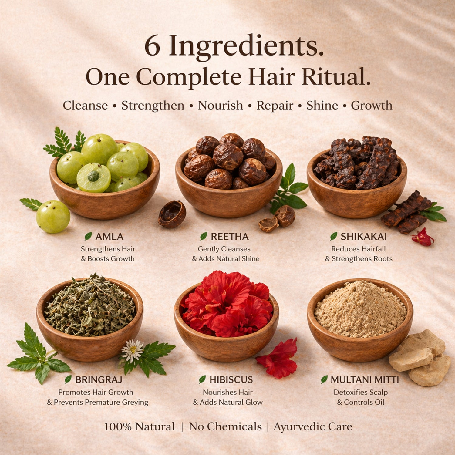 Amla, Reetha Shikakai, Bhringraj, Hibiscus and Multani Powder for Hair (Pack of 6)