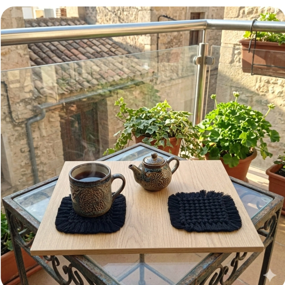 Black Handmade Cotton Cord Coaster Set | Square Macrame Tea Coasters with Fringe | Boho Table Décor (Set of 6)