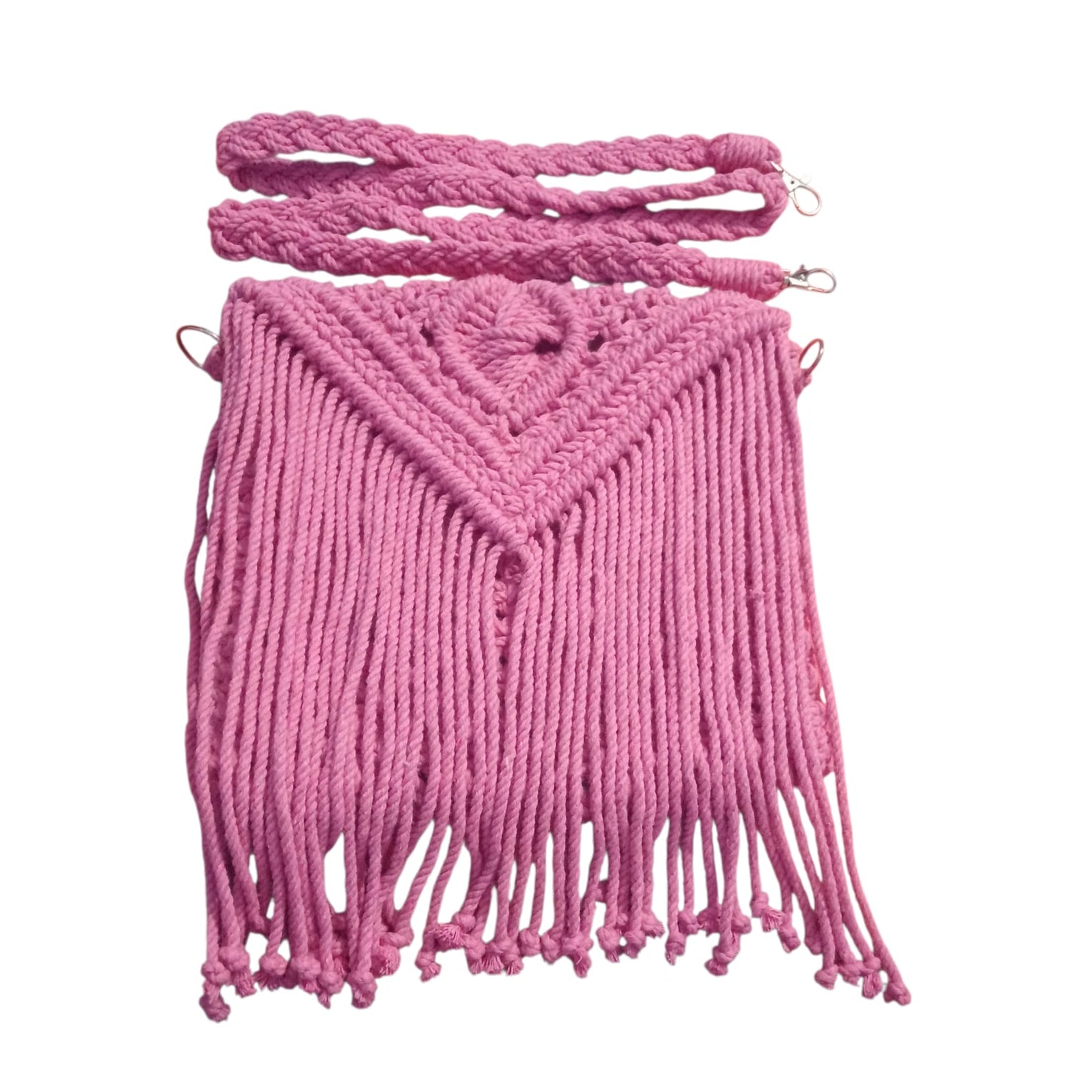 HANDMADE COTTON CORD MACRMAE CROSSBODY BAG FOR WOMEN PINK BOHO FRINGE SLING BAG LIGHTWEIGHT ECO FRIENDLY BAG