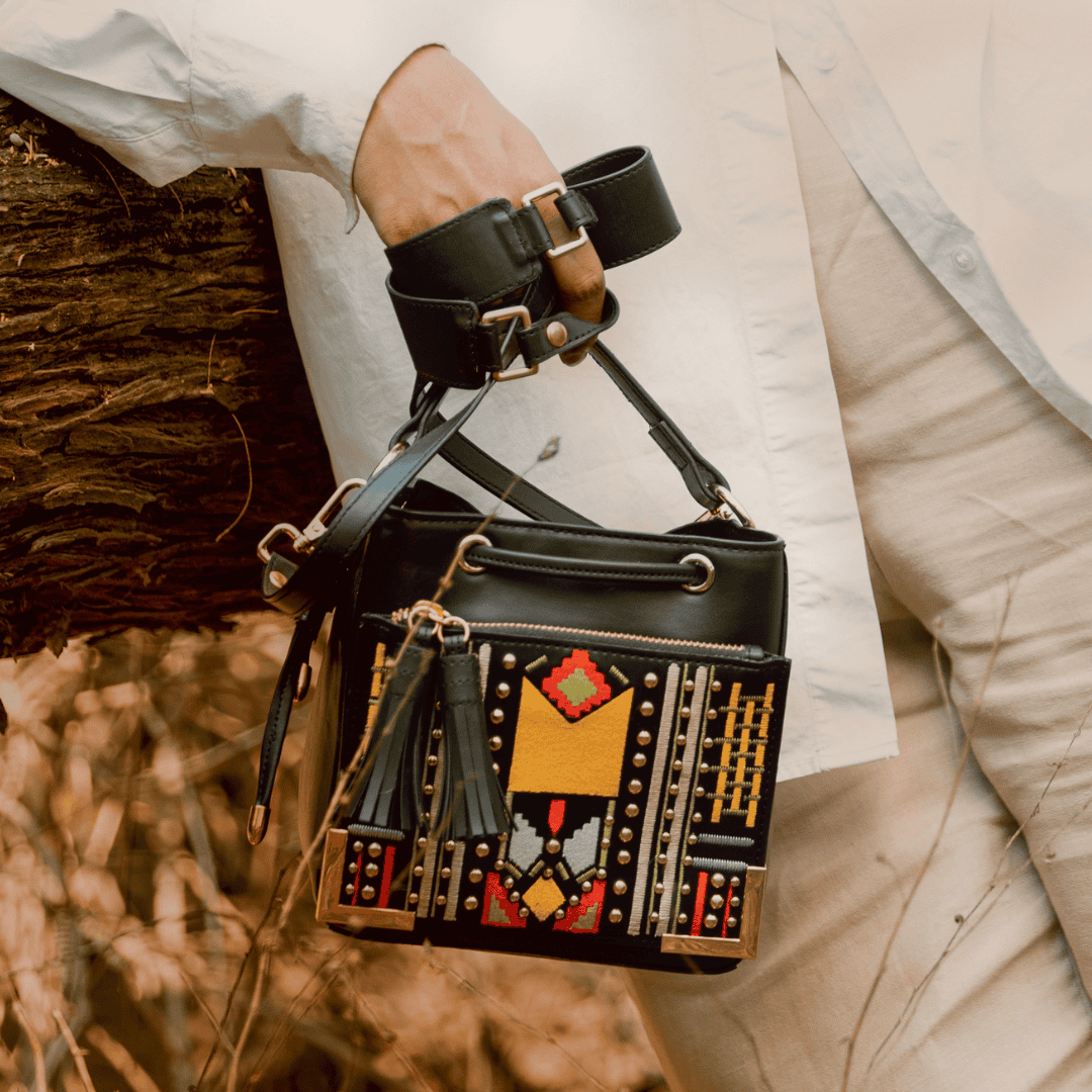 Nora Vegan Leather Embroidered Sling Bag - Black