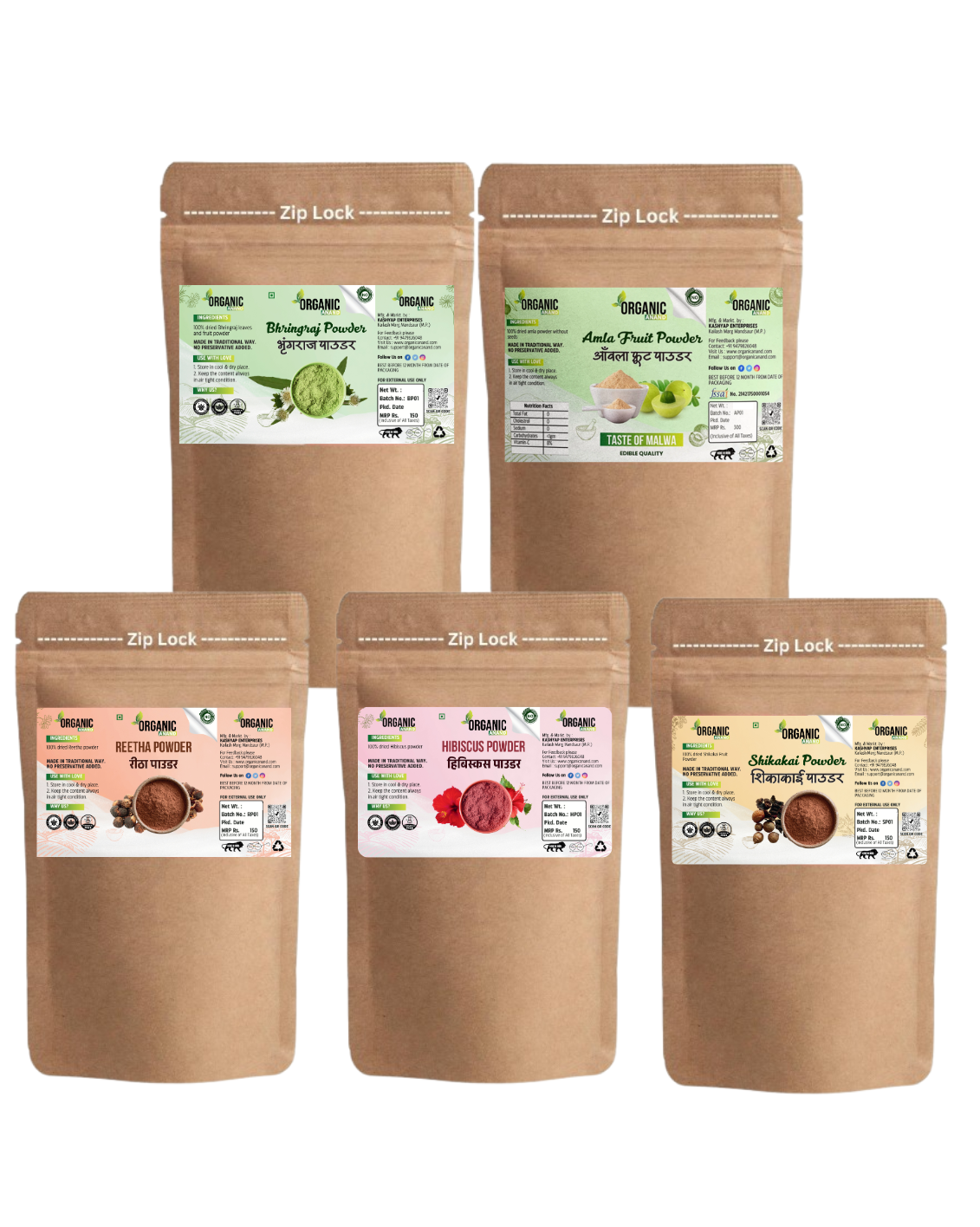 Organic Anand Amla, Reetha Shikakai, Bhringraj and Hibiscus Powder for Hair (Pack of 5, 50gm each,Total 250 Grams)