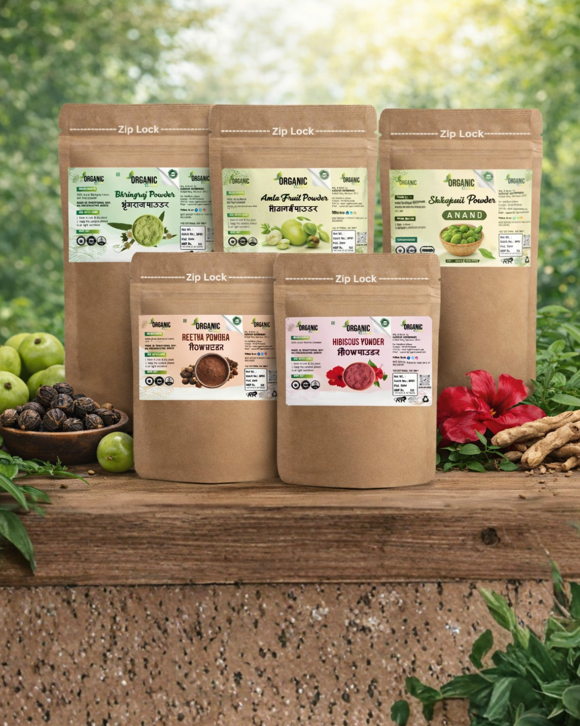 Organic Anand Amla, Reetha Shikakai, Bhringraj and Hibiscus Powder for Hair (Pack of 5, 50gm each,Total 250 Grams)