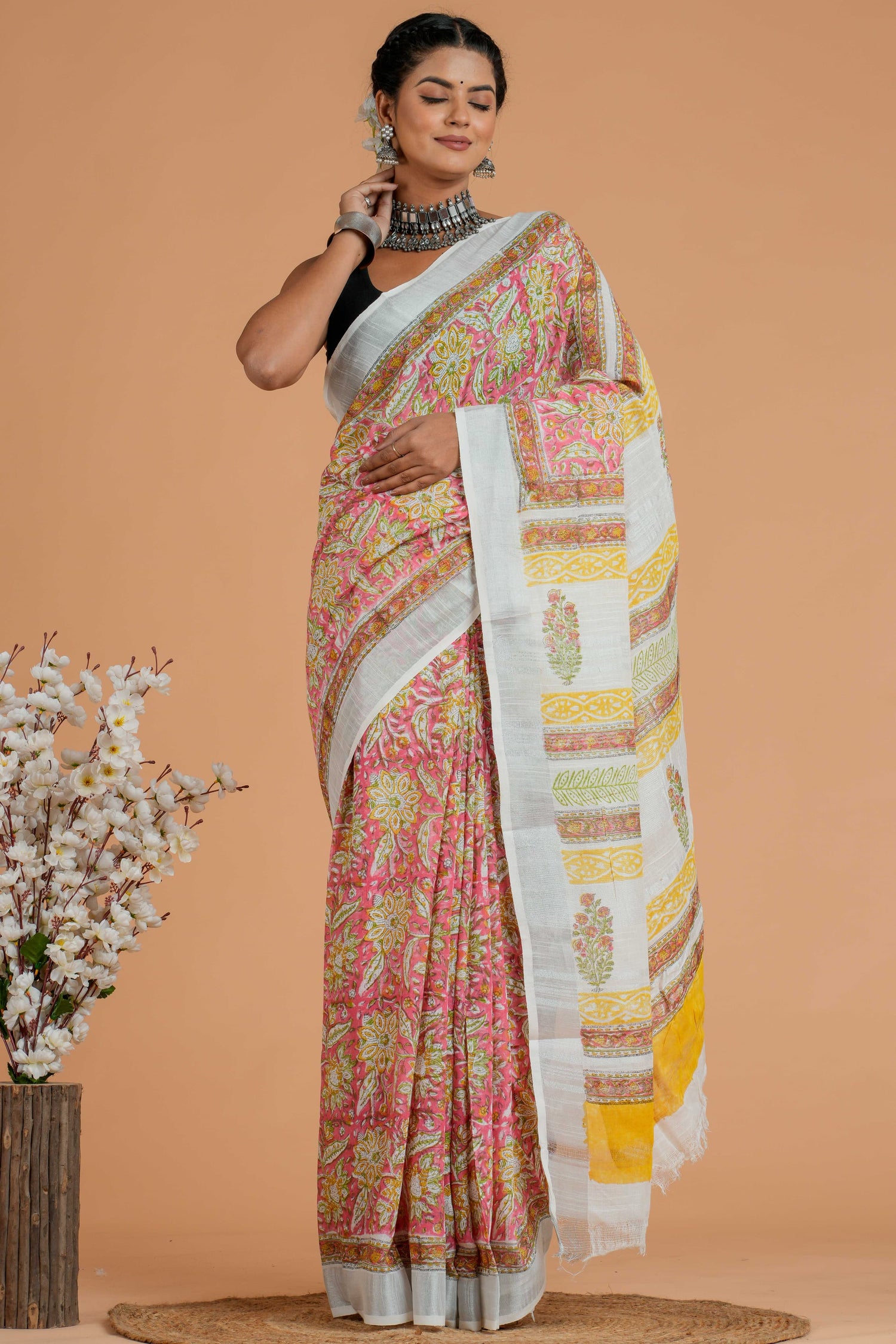 Hand Block printed  linen cotton sarees with blouse piece21