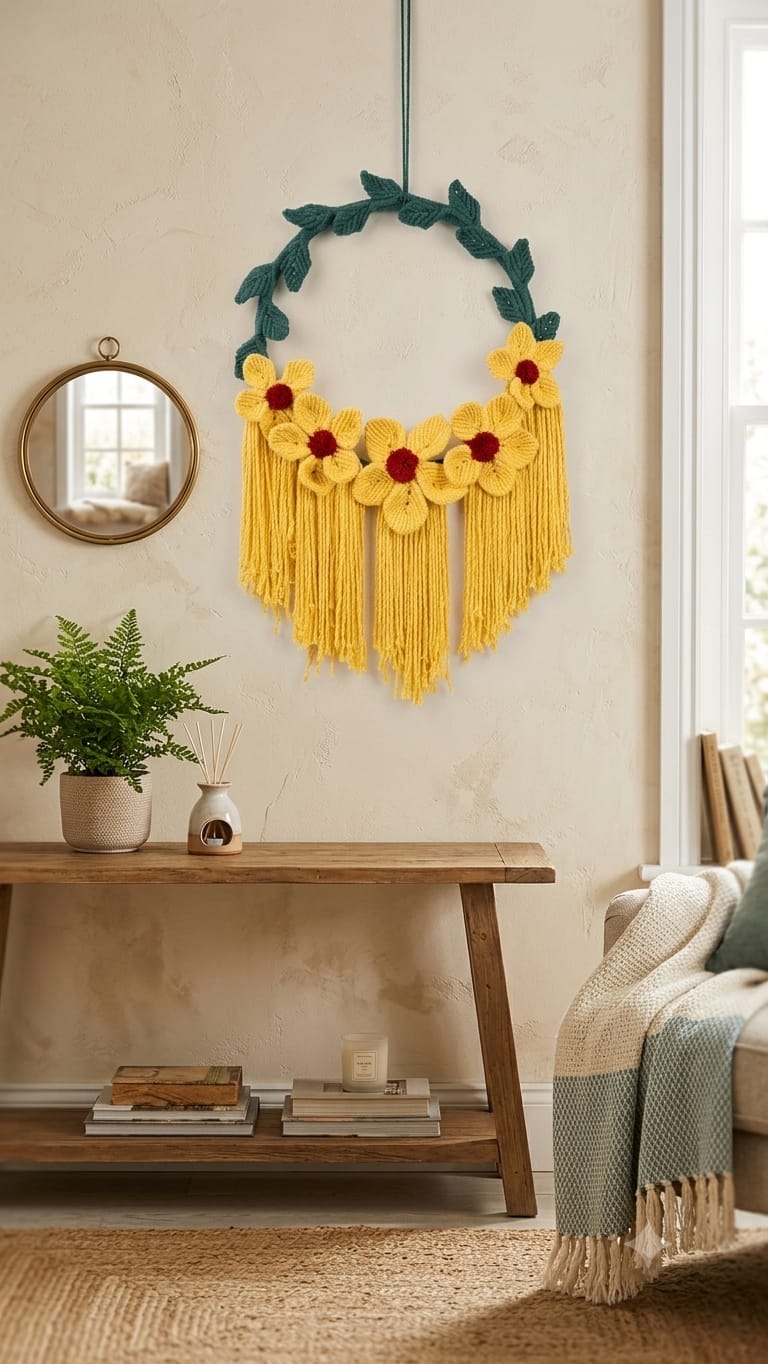 Handcrafted Macrame Floral Wall Hanging – Decorative Door Wreath with Yellow Flowers & Fringes SIZE (22*12)