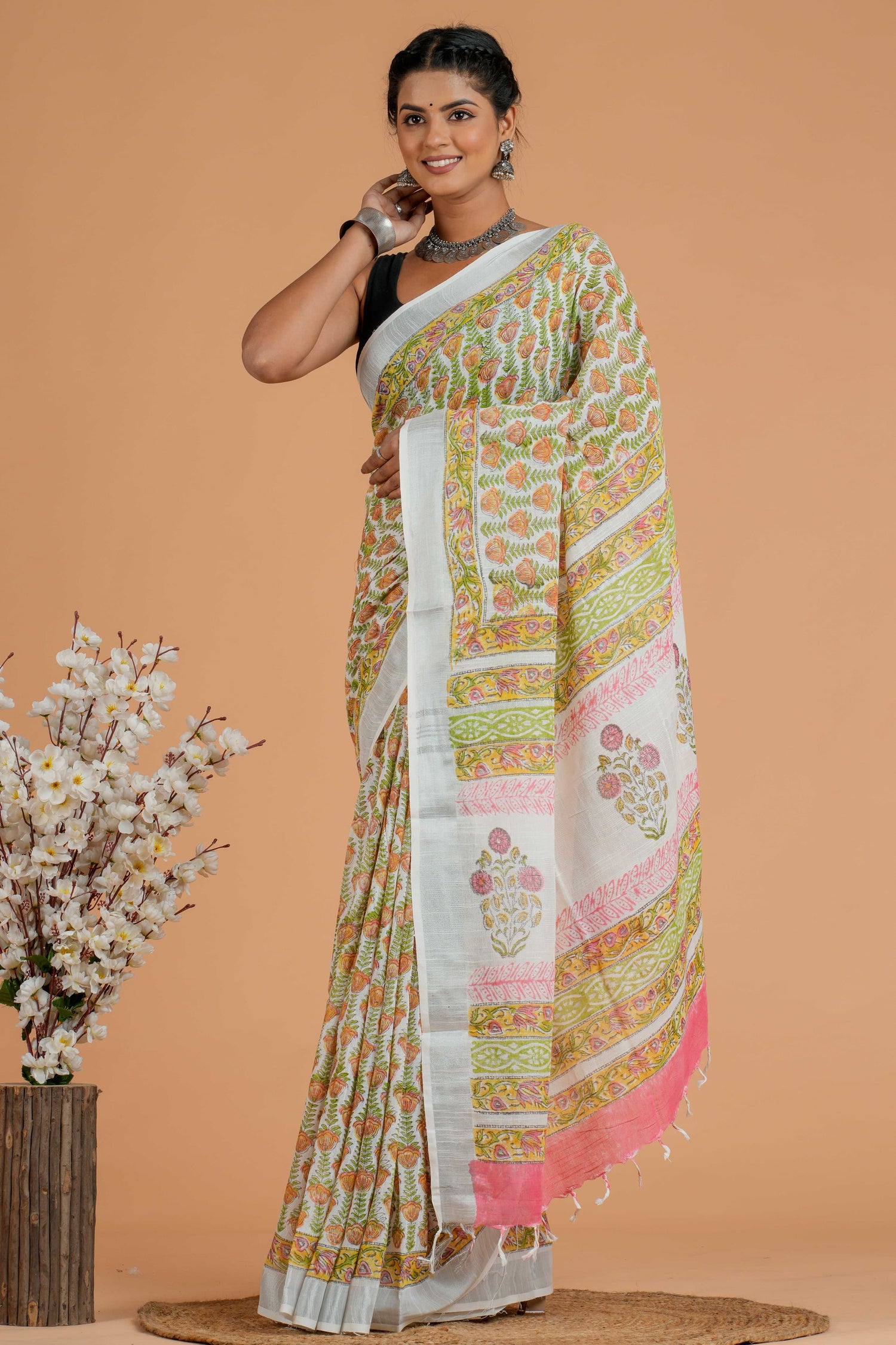 Hand Block printed  linen cotton sarees with blouse piece26
