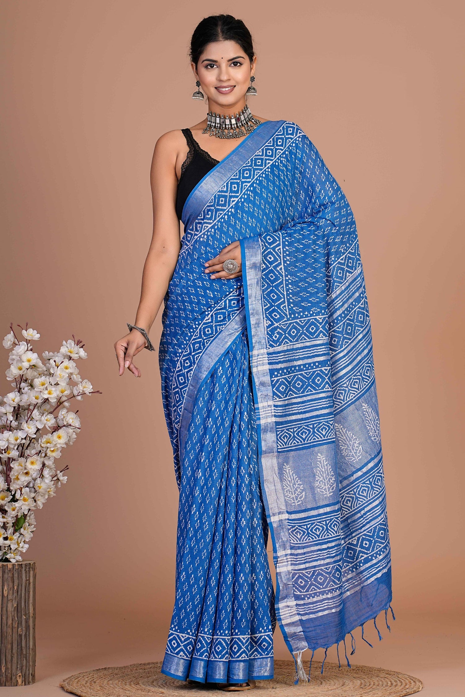 Hand Block printed  linen cotton sarees with blouse piece18