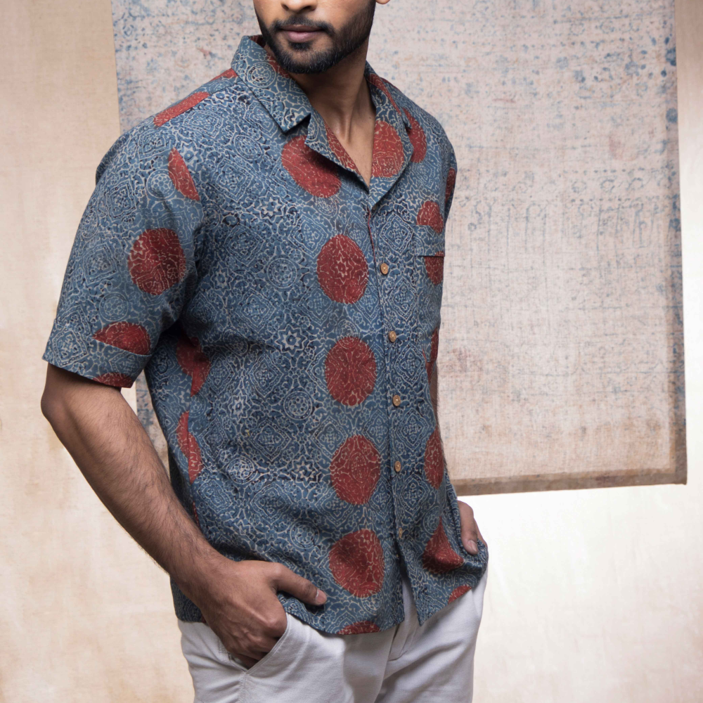 Hand Block Printed Ajrakh Sky Stopper Shirt 1