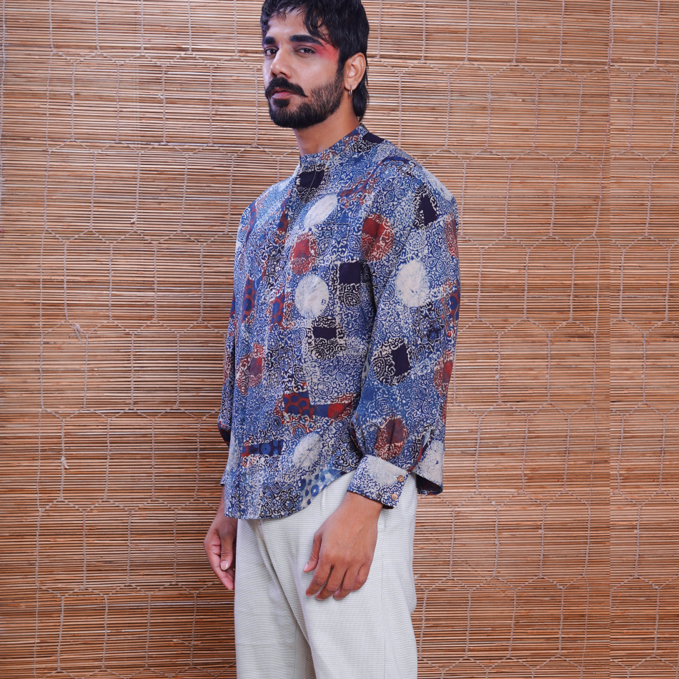 Cotton Handprinted Ajrakh Indigo Jaapani Kimono Shirt 1
