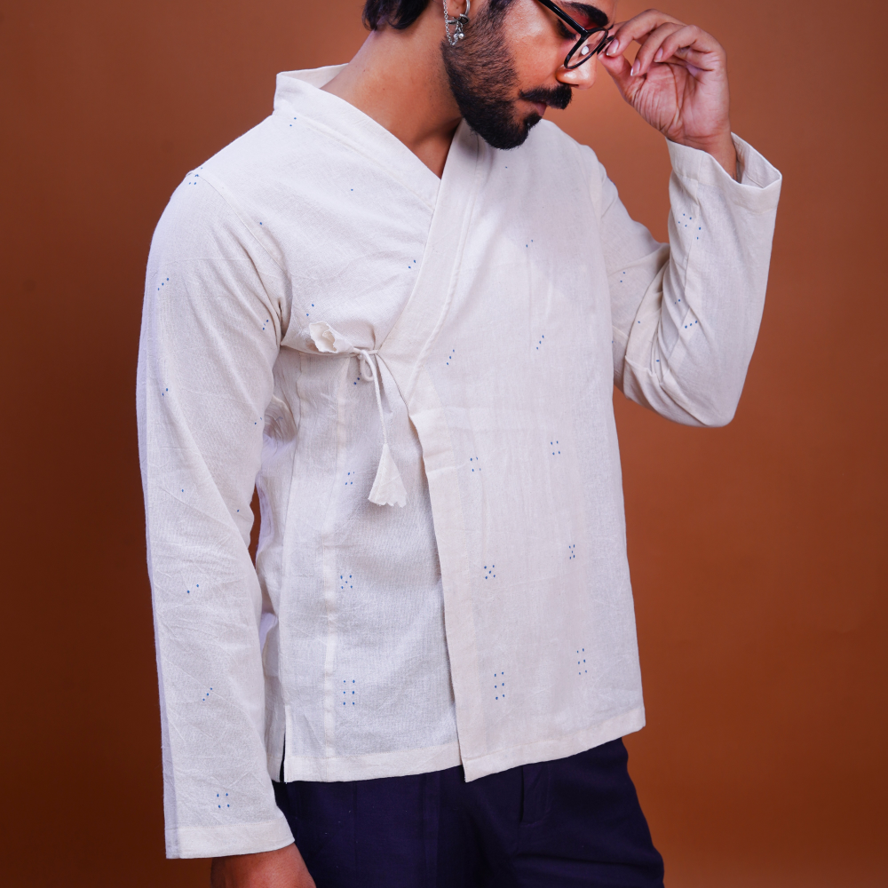 Kala Cotton Tangaliya Dots Mughal Shirt White 1