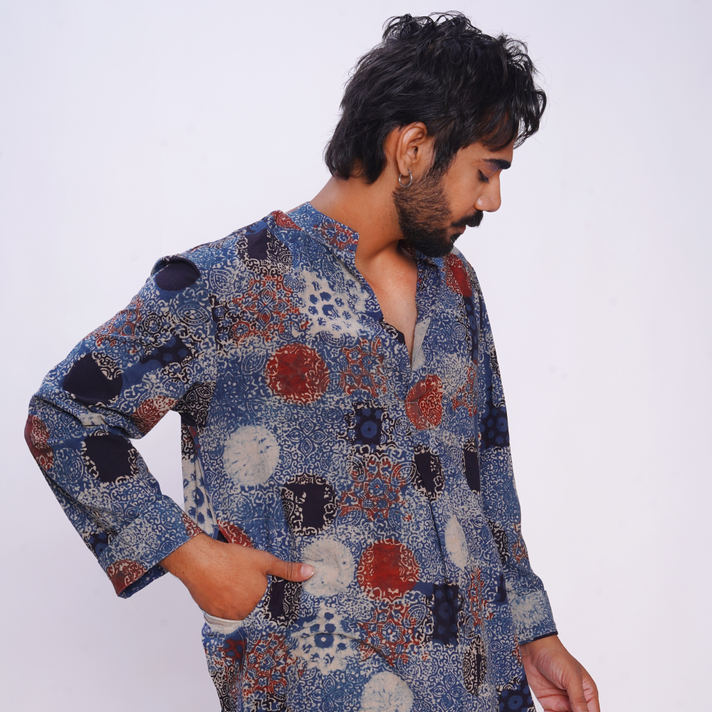 Hand block printed Ajrakh Indigo Forever Kurta 1