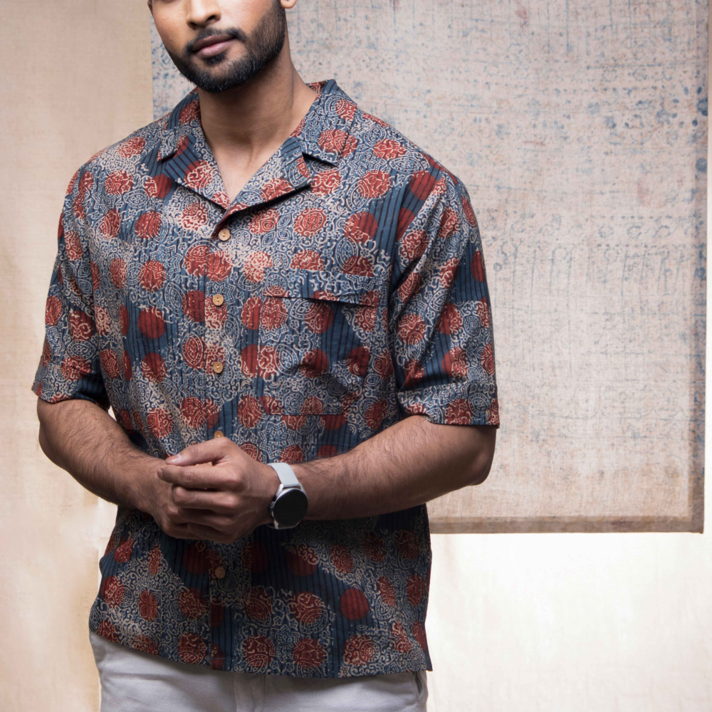 Cotton Handprinted Ajrakh Allover Camp Collar Shirt 1