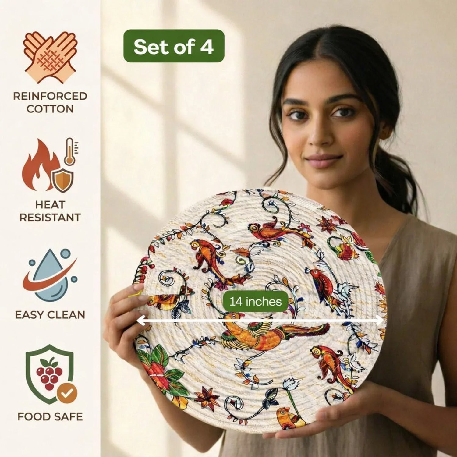 Mittory Cotton Round Dining Table Mats 6 | Boho Quilt  Handmade Place Mats | Hot Pot Mat