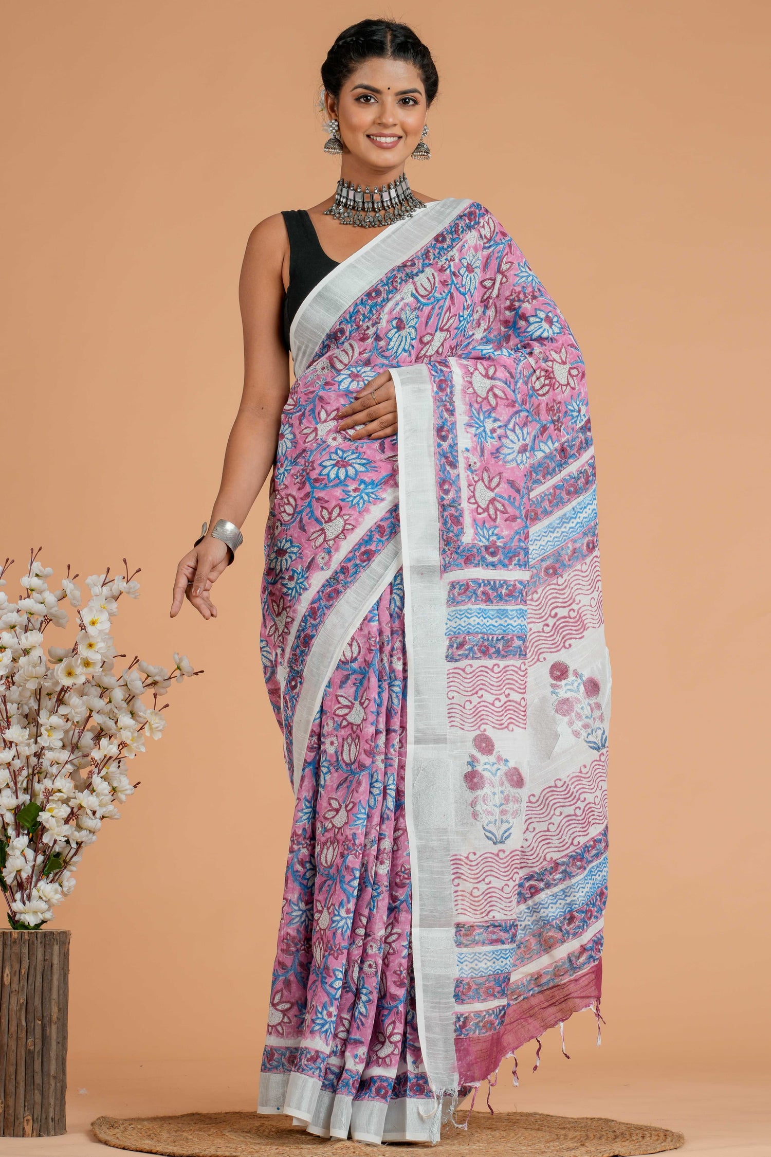 Hand Block printed  linen cotton sarees with blouse piece11