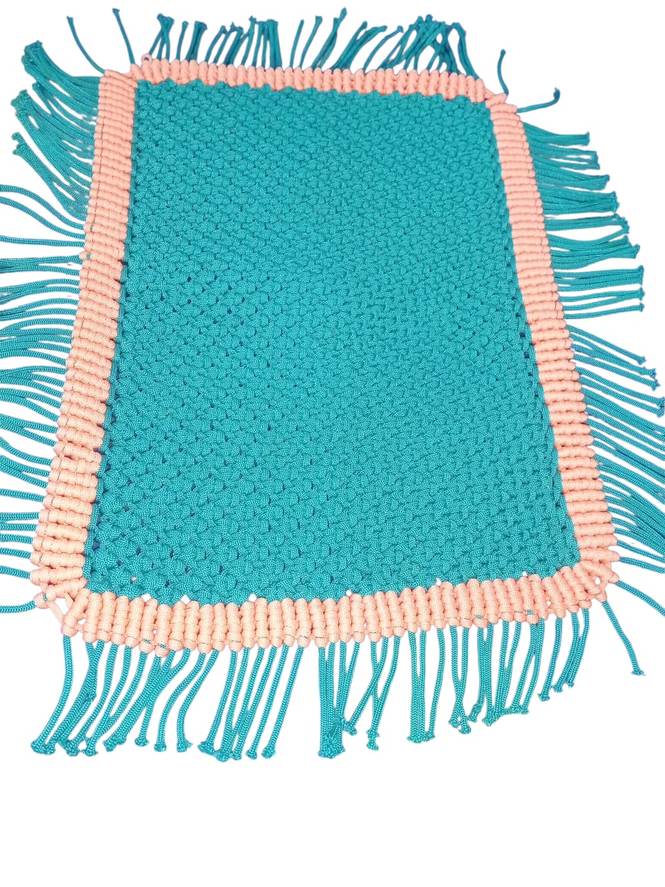 *Handcrafted Macrame Accent Mat – Premium Woven Teal Floor Rug with Peach Border & Fringe SIZE (40*30)