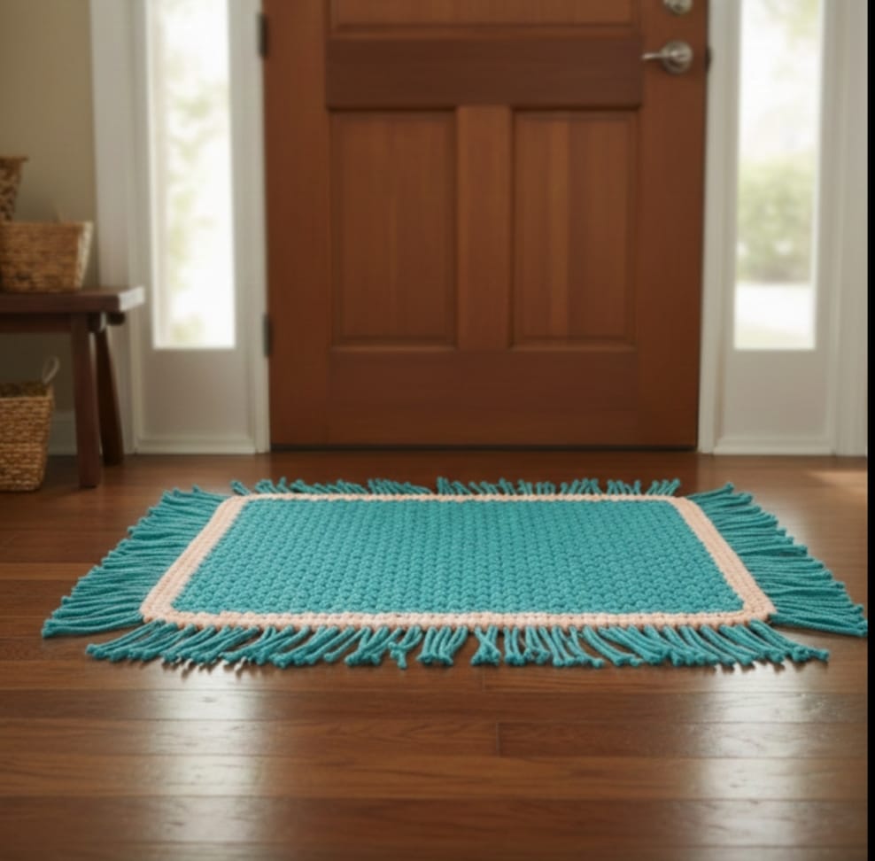 *Handcrafted Macrame Accent Mat – Premium Woven Teal Floor Rug with Peach Border & Fringe SIZE (40*30)