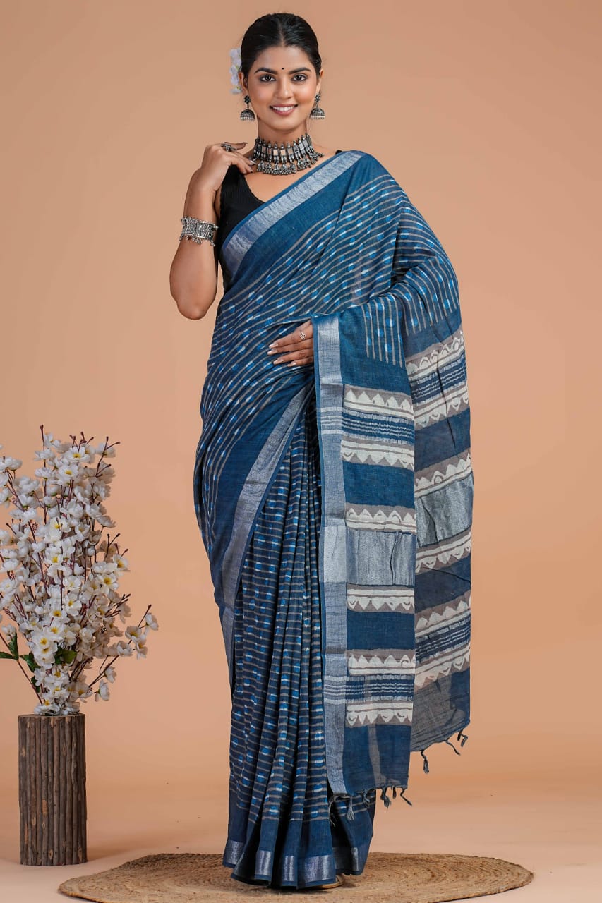 Hand Block printed  linen cotton sarees with blouse piece25