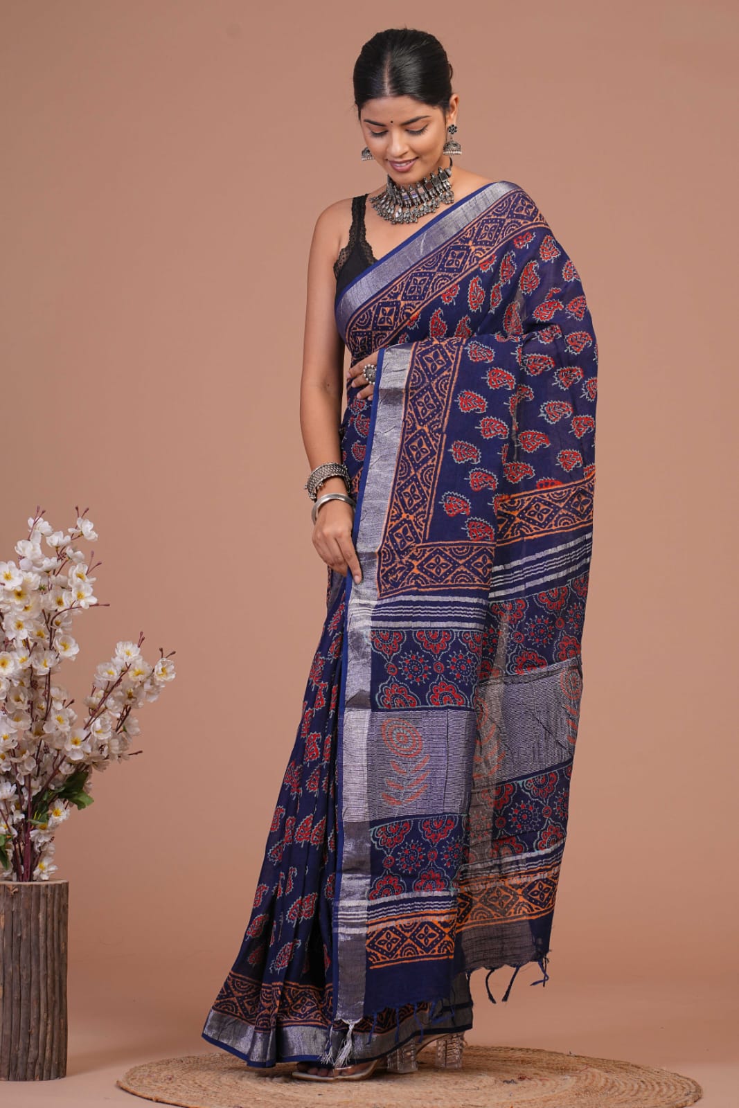 Hand Block printed  linen cotton sarees with blouse piece2