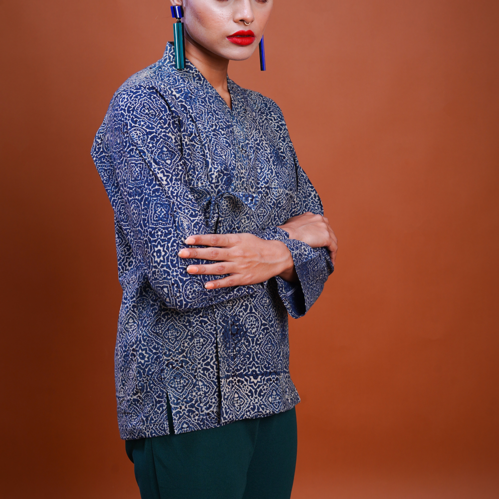 Hand block printed Ajrakh Silver Lining Mughal Shirt 2