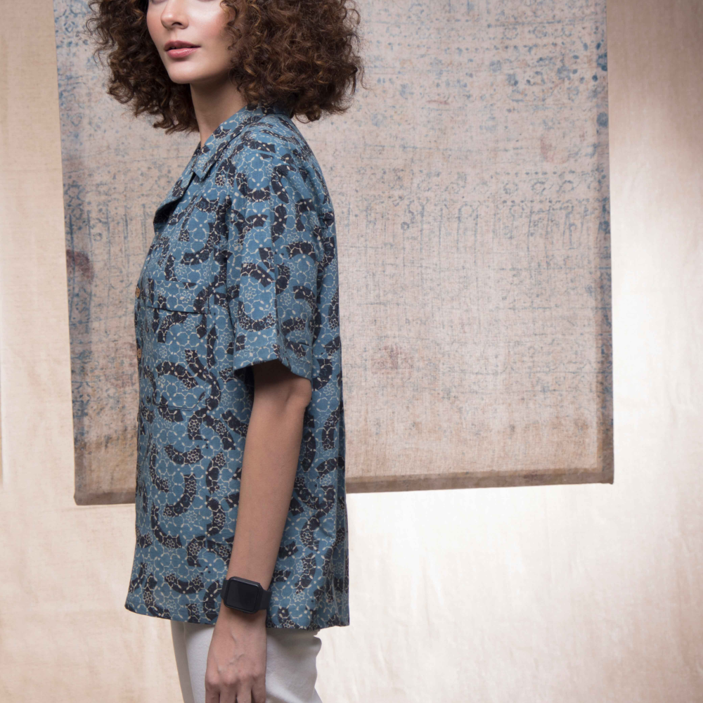 Cotton Handprinted Ajrakh Brushstroked Camp Collar Shirt 2