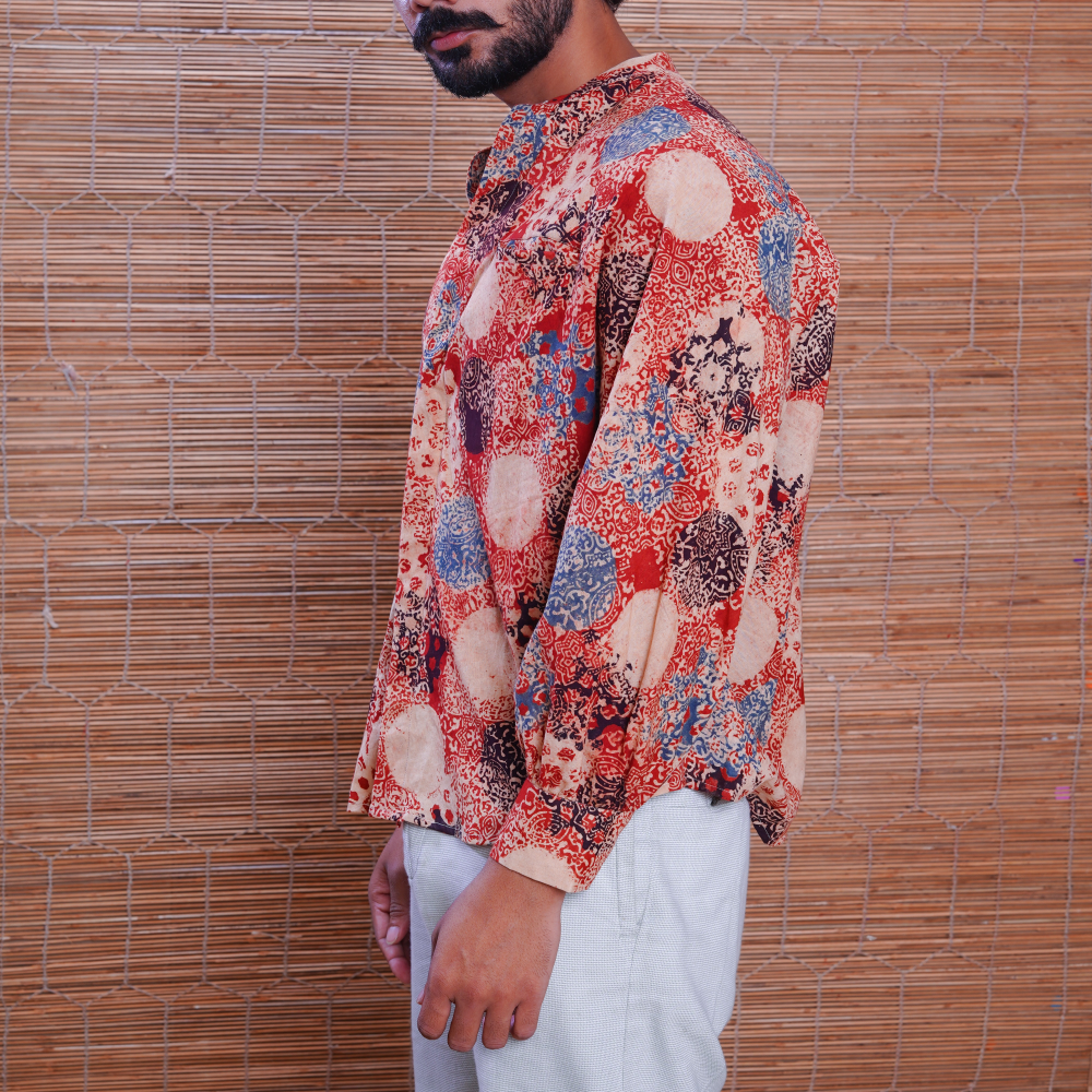 Cotton Handprinted Ajrakh Alizarine Jaapani Kimono Shirt 2