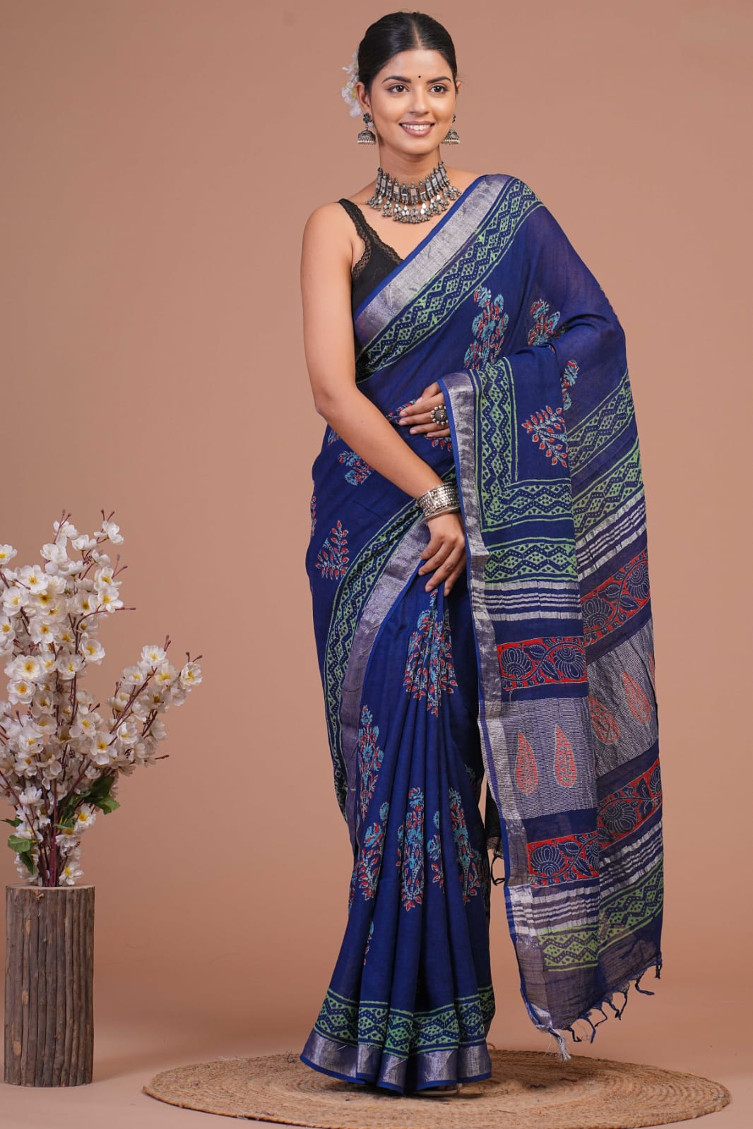 Hand Block printed  linen cotton sarees with blouse piece24
