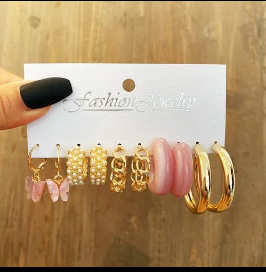 Glamourous Pink and Golden set 5pairs of earrings