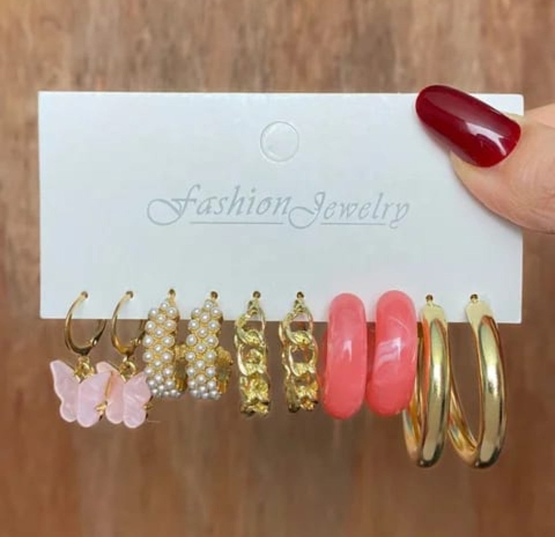Glamourous Pink and Golden set 5pairs of earrings