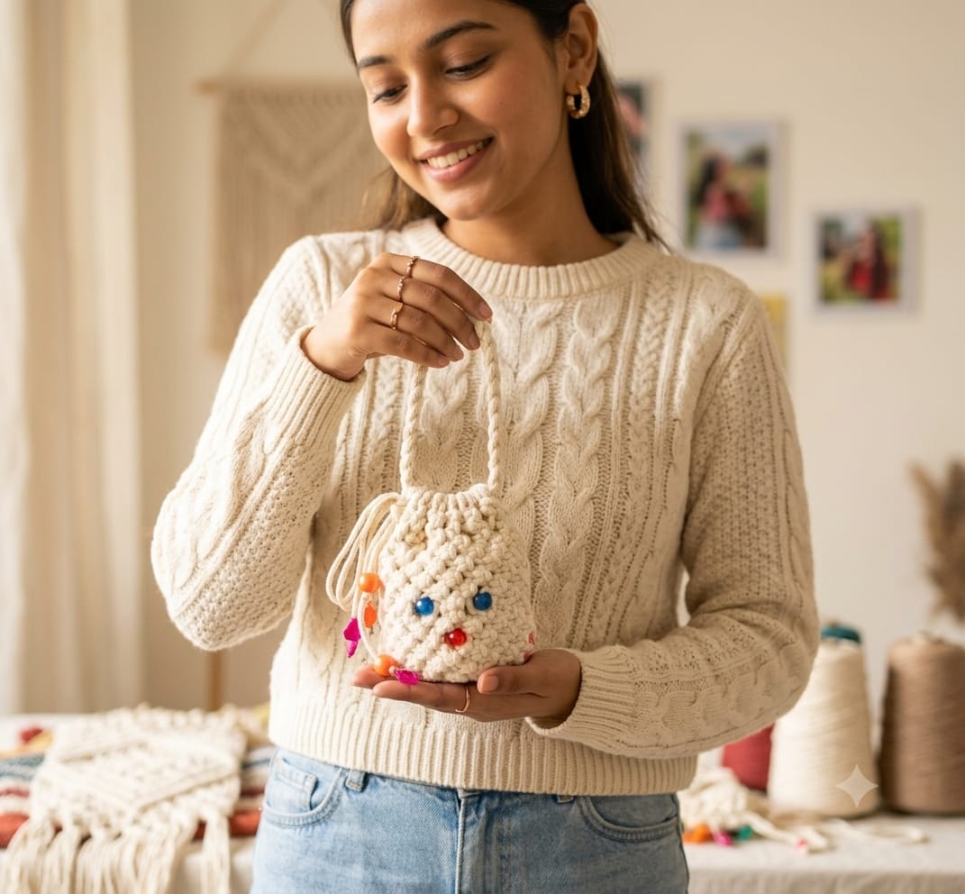 Handmade Cotton Cord Baby Potli Bag (20x15 cm) | Macrame Hanging Pouch | Boho Mini Storage Basket | Eco-Friendly Decorative Organizer