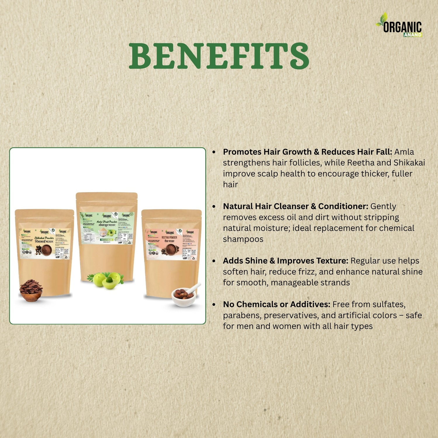 Organic Anand 100% Natural Amla, Reetha & Shikakai Powder Combo for Hair Care – Herbal Cleanser for Hair Growth, Dandruff Control & Hair Fall – All Hair Types (Pack of 3)