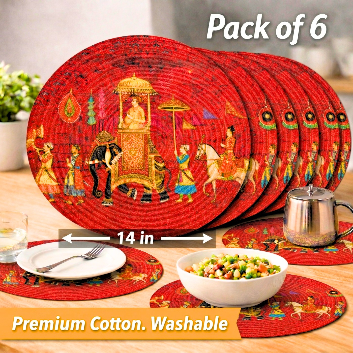 Mittory Round Heat-Resistant Cotton Table Mats, Set Of 6 | Royal Red Handmade Place Mats | Hot Pot Mat