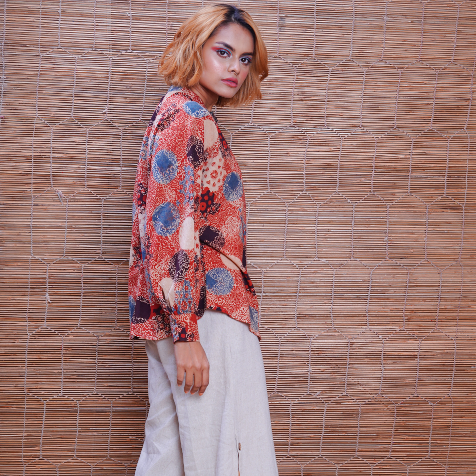 Cotton Handprinted Ajrakh Alizarine Jaapani Kimono Shirt 1