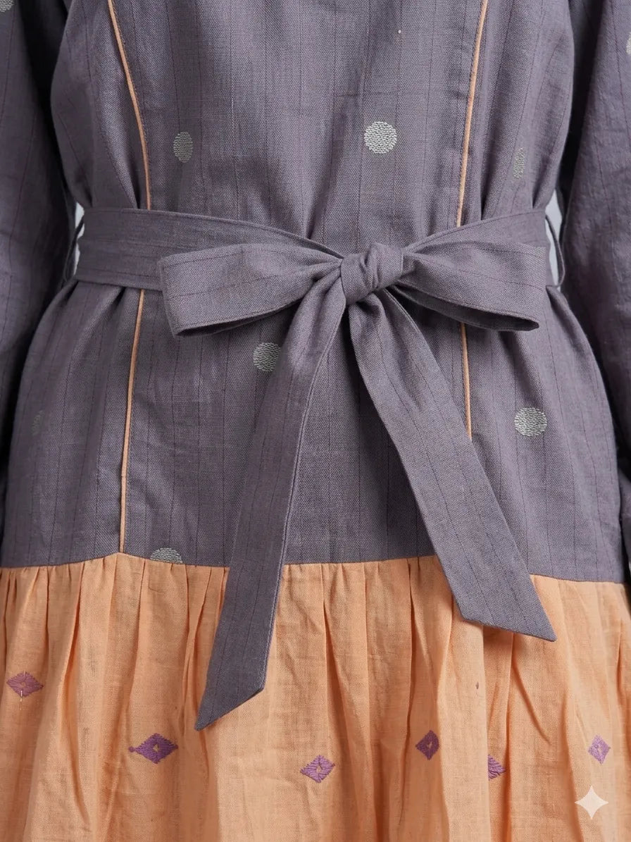 SWAY- Dusty Lavender Grey with Blush Peach Contrast Panel Self-fabric tie belt Dress.