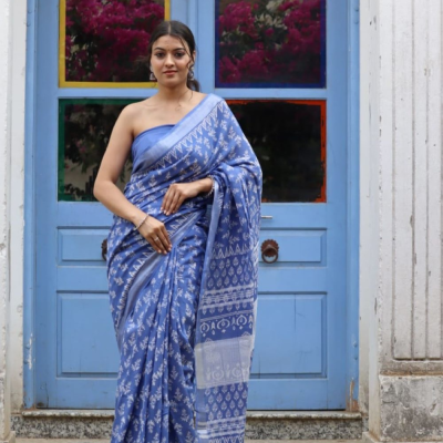 Hand Block printed  linen cotton sarees with blouse piece20