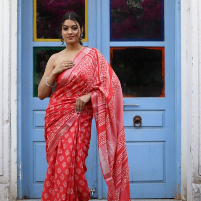 Hand Block printed  linen cotton sarees with blouse piece21
