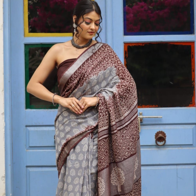 Hand Block printed  linen cotton sarees with blouse piece26