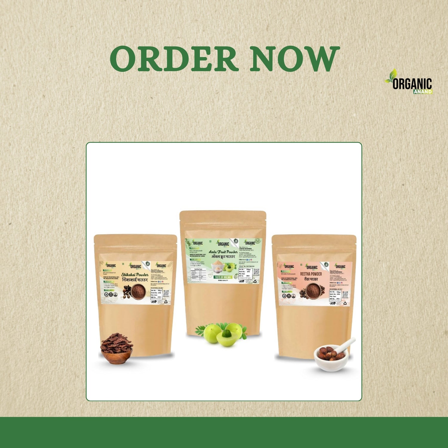 Organic Anand 100% Natural Amla, Reetha & Shikakai Powder Combo for Hair Care – Herbal Cleanser for Hair Growth, Dandruff Control & Hair Fall – All Hair Types (Pack of 3)