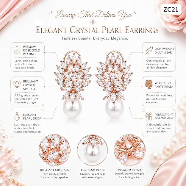 ZIVANTA ZC21 Luxury Crystal Pearl Rose Drop Earrings for Women | Rose Gold Finish AAA Cubic Zirconia Stud Earrings
