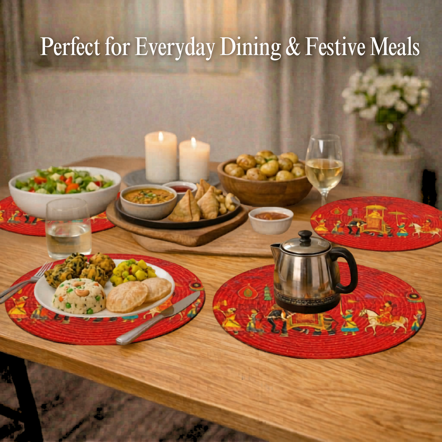 Mittory Cotton Round Dining Table Mats 4 | Royal Red Handmade Place Mats | Hot Pot Mat