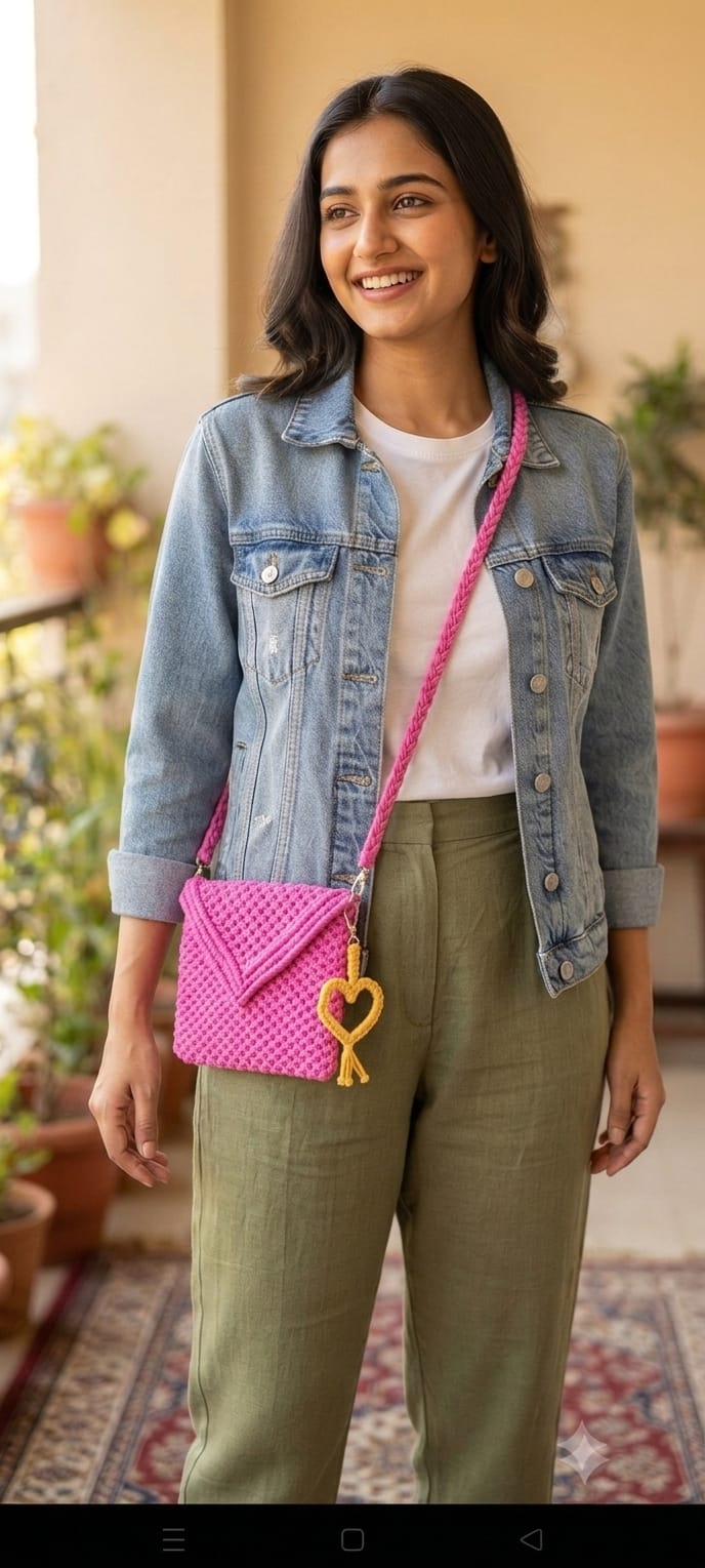 Handmade Macrame Sling Bag for Women & Girls | Pink Crossbody Purse with Cute Heart Keychain & Detachable Strap SIZE (8*8)