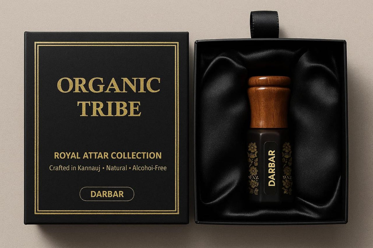 Organic Tribe Darbar Attar – 100% natural, alcohol-free perfume oil handcrafted in Kannauj, India. Pure chemical-free attar with warm, woody, and floral notes inspired by royal Indian heritage. Luxury Ayurvedic fragrance exported to Saudi Arabia and Middle Eastern countries.
