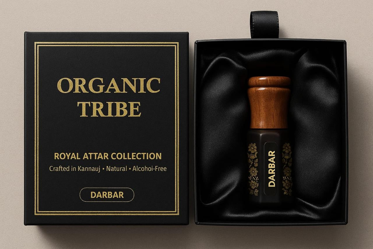 Organic Tribe Darbar Attar – 100% natural, alcohol-free perfume oil handcrafted in Kannauj, India. Pure chemical-free attar with warm, woody, and floral notes inspired by royal Indian heritage. Luxury Ayurvedic fragrance exported to Saudi Arabia and Middle Eastern countries.