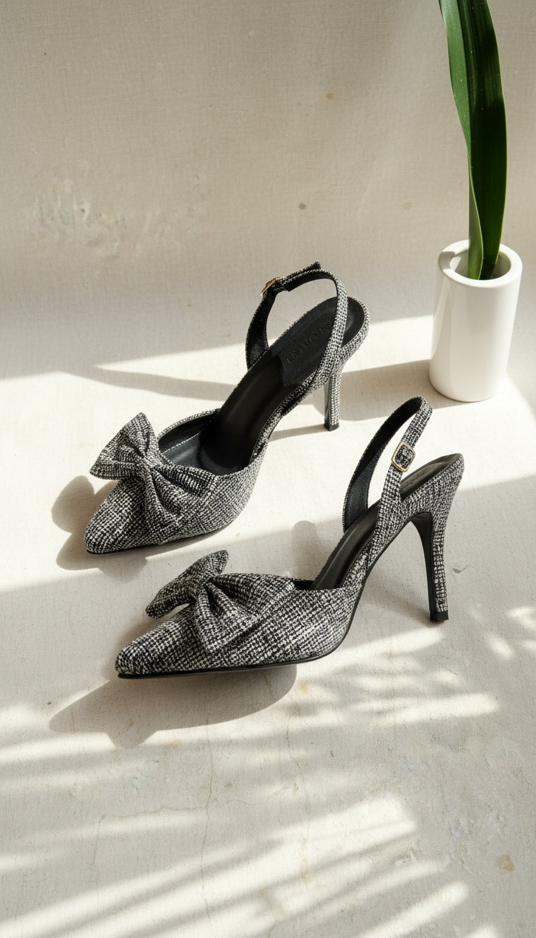 Moonlit Black & White Tweed Slingback Pumps