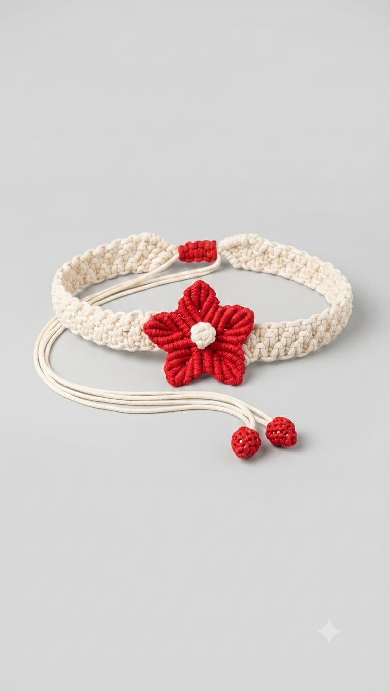 Waist Belt with 3D Floral Design | Boho Style Off-White & Red Cotton Rope Belt for GIRL | Traditional & Western Dress Accessories