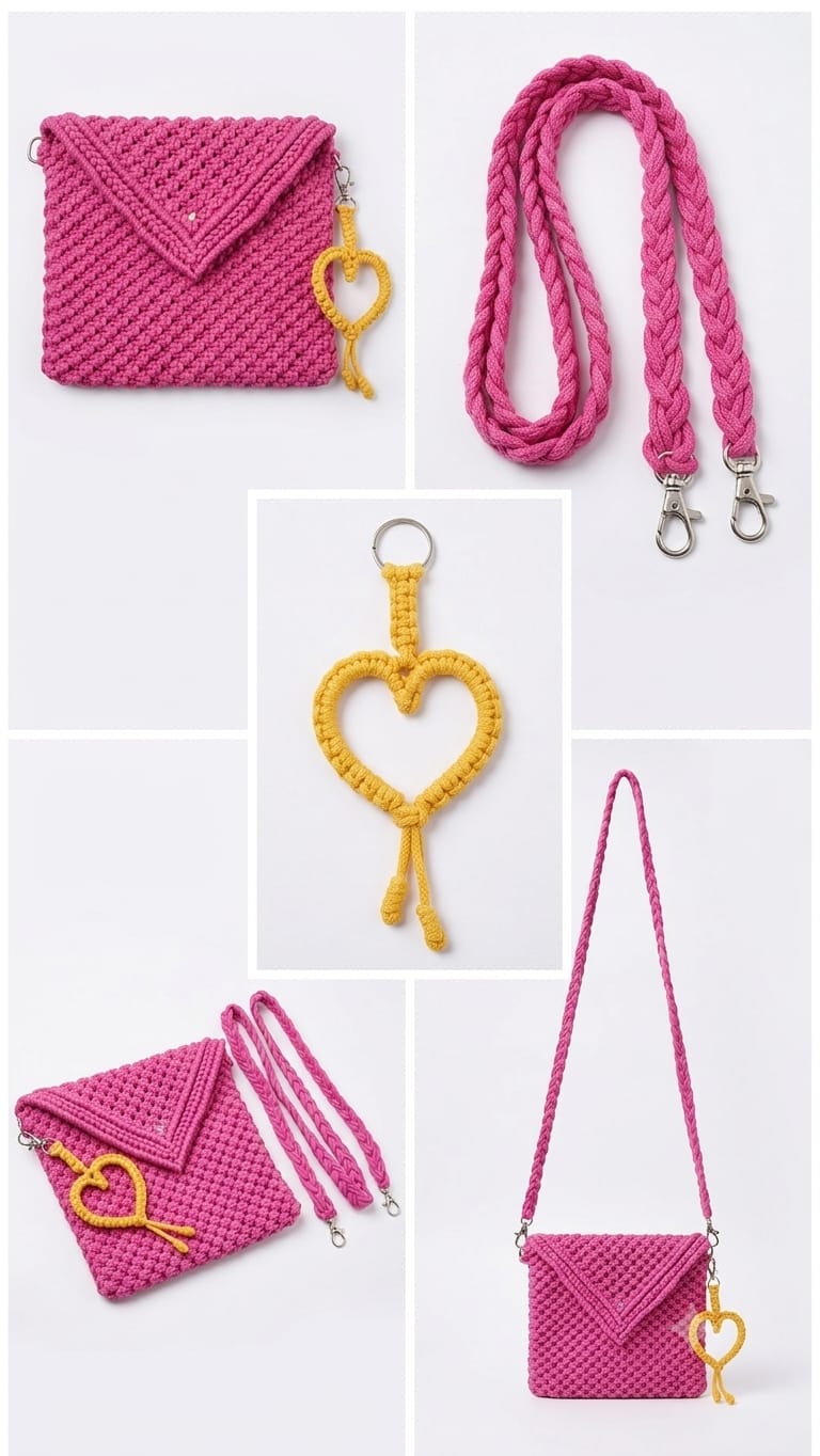 Handmade Macrame Sling Bag for Women & Girls | Pink Crossbody Purse with Cute Heart Keychain & Detachable Strap SIZE (8*8)