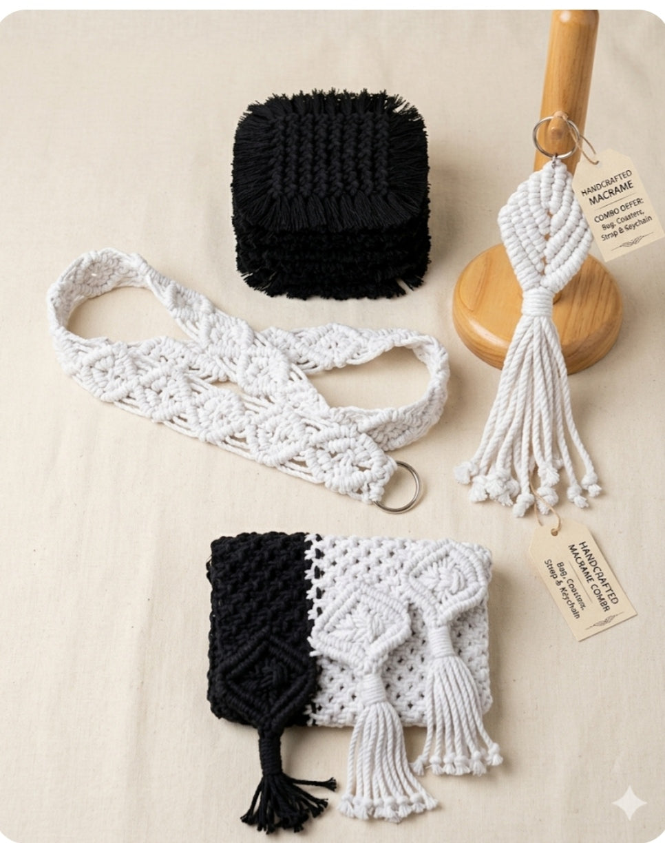 HANDMADE COMBO OFFER OF SET MACRAME BAG, BOHO BELT , DRINK COASTER AND HANDMADE KEYCHAIN